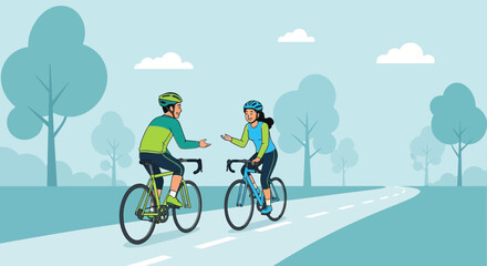 Fototapeta premium Couple Cycling Together In A Peaceful Park Enjoying Each Other's Company