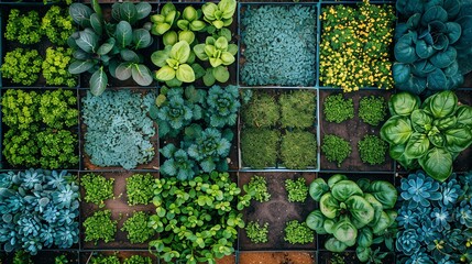 Colorful Green Succulents and Vegetables in Small Square Pots From Above
