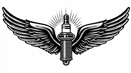 A monochrome design of a spark plug with wings, suggesting speed & power
