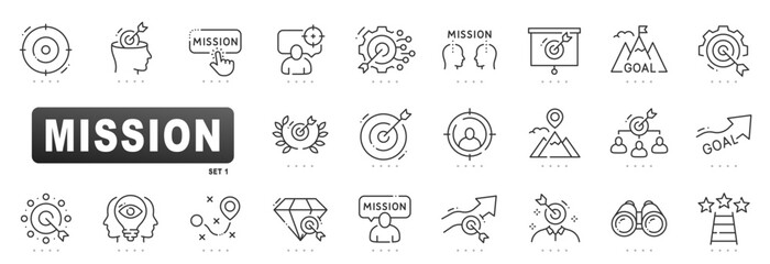 Outline icons depicting mission strategy, target objectives, direction focus, progress tracking, teamwork collaboration, leadership vision, planning precision