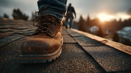 Person walking on roof with work boots during sunset or sunrise.