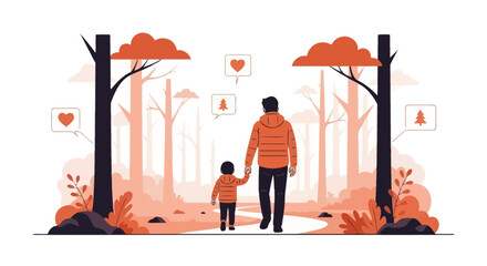 Dad And Son Bonding Walking Through Autumnal Woodland With Cute Illustrations