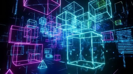 Neon wireframe cubes and pyramids float in a dark digital space - Powered by Adobe