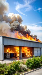 Blazing warehouse ablaze under dramatic sky