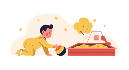 Cheerful Kid Playing With A Ball Near A Sandbox Full Of Sand