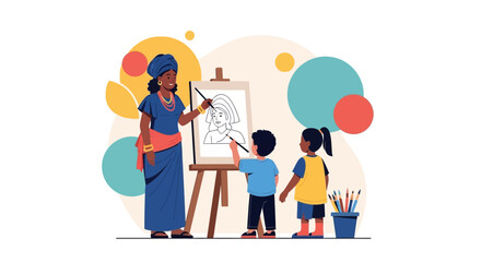 Dedicated Educator Teaching Young Children the Art of Portrait Painting