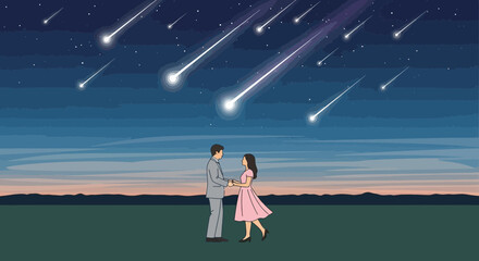 Fototapeta premium Couple Underneath The Spectacular Display Of A Meteor Shower At Twilight