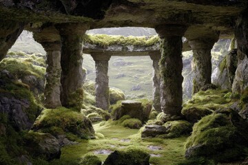 Ancient mossy stone ruins overlooking a valley