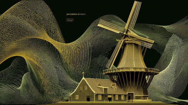 Golden Dutch windmill, abstract waves
