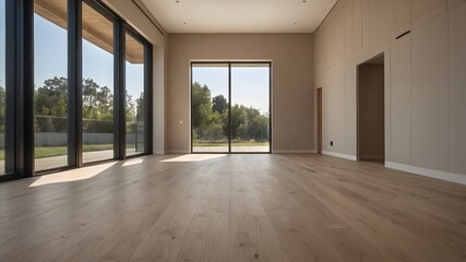 Interior moderno vacío con grandes ventanales y suelo de madera clara