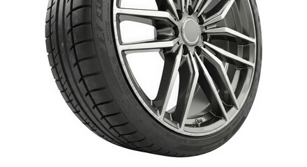 Obraz premium Close up of a performance car tire and alloy wheel on a black background