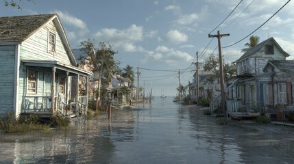 Beautiful photo of coastal village flooded by rising sea levels, abandoned homes, water encroaching on streets.