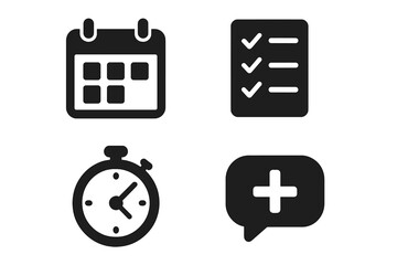 Productivity app icons set of 4 solid filled vectors including calendar planner, checkbox list, timer, and communication tools for efficient task management and organization