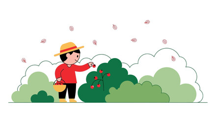 Obraz premium Cheerful Young Boy Harvesting Berries From Shrubs on a Sunny Day