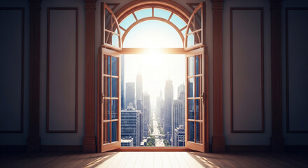 Arched window open to a cityscape with tall buildings and bright sunlight in a classic room design