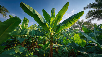 Obraz premium Lush green banana plantation under a bright blue sky. Large banana leaves create a vibrant tropical atmosphere. Sunlight filters through the foliage.