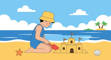 Child Builds A Sandcastle On The Beach Enjoying Summer Day Cartoon Illustration