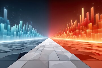 Futuristic landscape depicting opposing forces with glowing blue and red elements