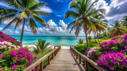 Fototapeta premium Tropical Beach Paradise: Wooden Walkway to Turquoise Ocean, Lush Palm Trees, Vibrant Flowers