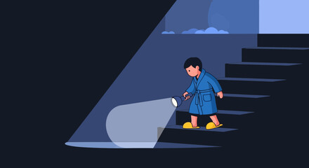Obraz premium Child Exploring Dark Staircase With Flashlight During Night Time Adventure