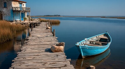 Fototapeta premium Peaceful riverside with wooden pier and fishing boat resting on calm water under an empty sky, perfect natural setting for outdoor recreation, summer leisure, and serene vacation moments.
