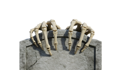Skeleton hands emerge from weathered tombstone