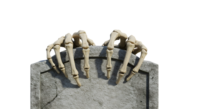 Skeleton hands emerge from weathered tombstone