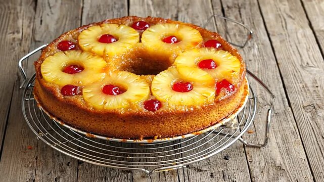 A beautifully arranged pineapple upside-down cake cooling on a rustic wooden table