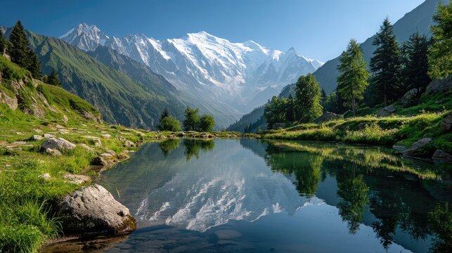 Calm mountain lake reflecting snow-capped peaks under a clear blue sky - Powered by Adobe