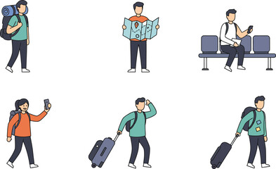 Six flat illustrations of people traveling with backpacks and luggage traveler journey