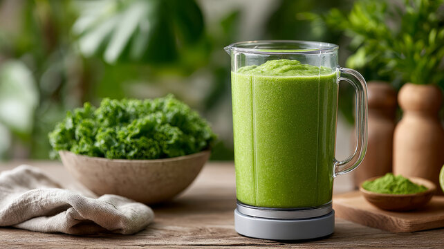 Green smoothie in a blender with kale and fresh greens.