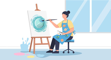 Creative Artist Painting A Swirl With Brush On Easel In Bright Studio