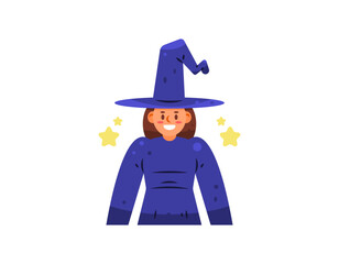 Illustration of a woman wearing a witch costume. Witches. Halloween costumes. Celebrating and participating. Festival, party, and event outfits. Flat style character design. White background