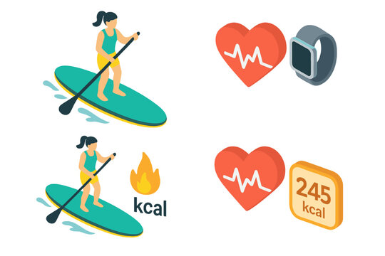 Stand Up Paddleboarding Fitness Icon Set. Isometric Flat Design of Woman Paddling, Heart Rate Monitor, Calorie Burn, Activity Tracker, Sports Wearable, Active Outdoor Workout Vector Illustration