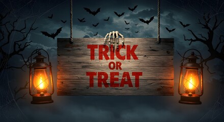 Trick or treat sign with skeleton hand, bats, and lanterns. Halloween background with spooky trees and spiderweb. For scary holiday celebration.
