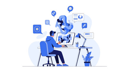 Creative Designer Working On New Project At His Desk And Multiple Social Bubbles