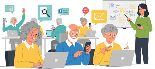 Elderly people learning computer skills in class