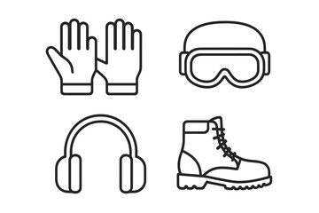 Vector Set of Wood Chopping Safety Gear Icons with Outline Style—Work Gloves, Safety Goggles, Ear Protection, Steel Toe Boots, Protective Equipment, Construction Site Tools, Personal Safety PPE
