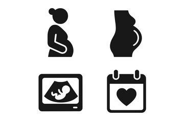 Pregnancy icons set. Solid filled vector illustration of pregnant woman, baby bump silhouette, prenatal ultrasound scan, due date calendar with heart. Maternity, motherhood, healthcare concept