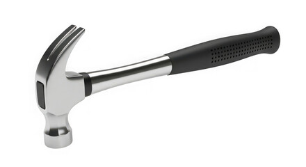 Shiny metal claw hammer with black grip on black background