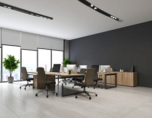 Modern office interior with large windows, light wood desks, and dark gray walls