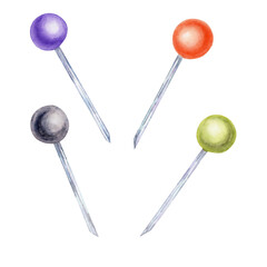Set of orange, green, purple, and black pins in watercolor illustration. Great for voodoo graphics, Halloween craft scenes, costume designs, and digital planner elements