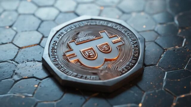 The Bitcoin icon is engraved on a metal hexagonal base background. The cryptocurrency symbol glows on an abstract digital surface. 4k video