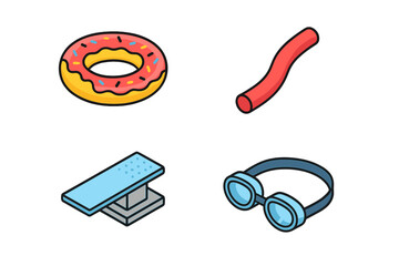 Pool party essentials vector set. Colorful swimming accessories. Inflatable ring float, foam noodle, diving board, swim goggles. Summer water fun. Outdoor leisure equipment. Modern cartoon style.