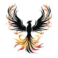 Obraz premium Striking black phoenix silhouette with vibrant yellow and orange flames, symbolizing rebirth and strength. Ideal for logos, tattoos, or art prints.