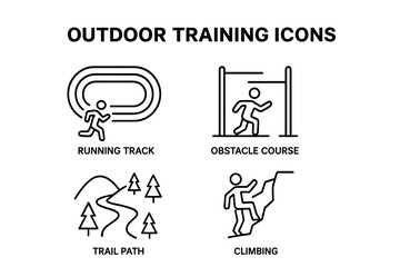 Outdoor training icons vector set. Outline style fitness and workout symbols: running track, obstacle course, trail path, hiking, rock climbing, nature exercise, sports activity design elements.