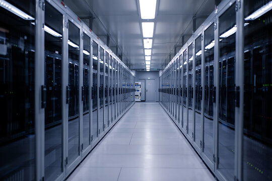 Wide angle view of a bright data center aisle with rows of glass-fronted server cabinets server room - Powered by Adobe