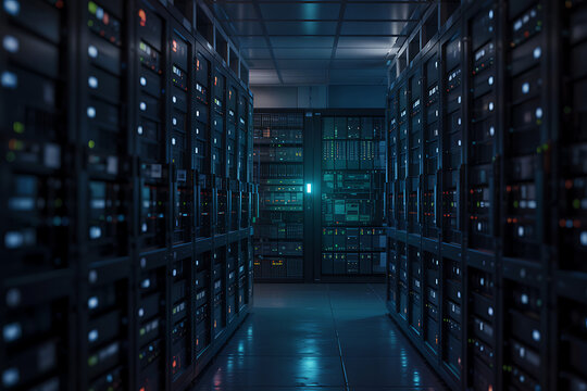 Rows of illuminated server racks in a dark data center aisle with a glowing green light server room - Powered by Adobe