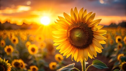 Obraz premium Vibrant Sunflower at Sunset: Golden Hour in a Sunlit Field of Blooms