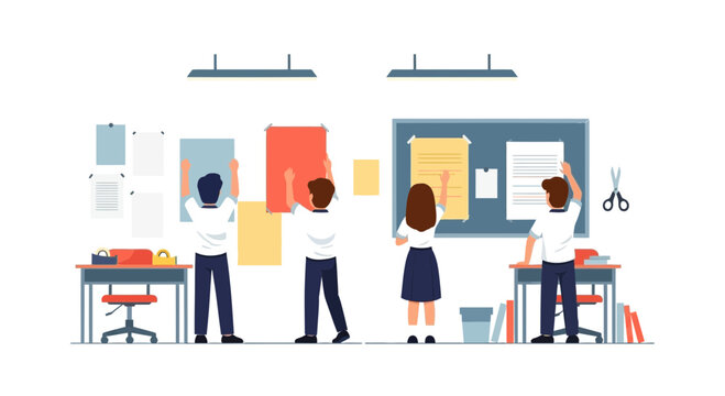 Collaborative Workspace Students Posting Notices On Wall Classroom Environment